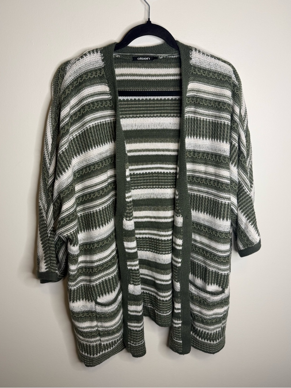 Olsen Olive & White Striped Open-Front Cardigan size XL